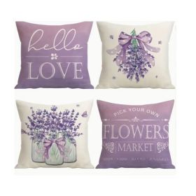 Colorlife Lavender Home Sweet Love Flowers This Home Spring Throw Pillow Covers, 18 X 18 Inch Purple Summer Cushion Case For Sofa Couch Set Of 4