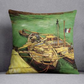 Quay with Men Unloading Sand Barges by Van Gogh Cushion