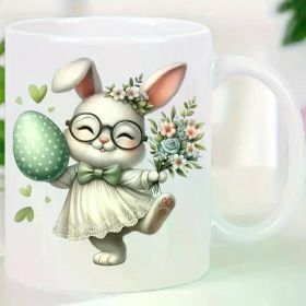 11OZ Funny Graphic Coffee Ceramics Mug for Home Office Kitchen Use, Easter Bunny with Floral Accents Print Tea Cup