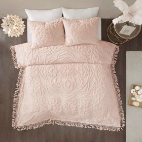 Romantic Boho Chic Tufted Cotton Chenille Medallion Fringe Coverlet Set, Blush